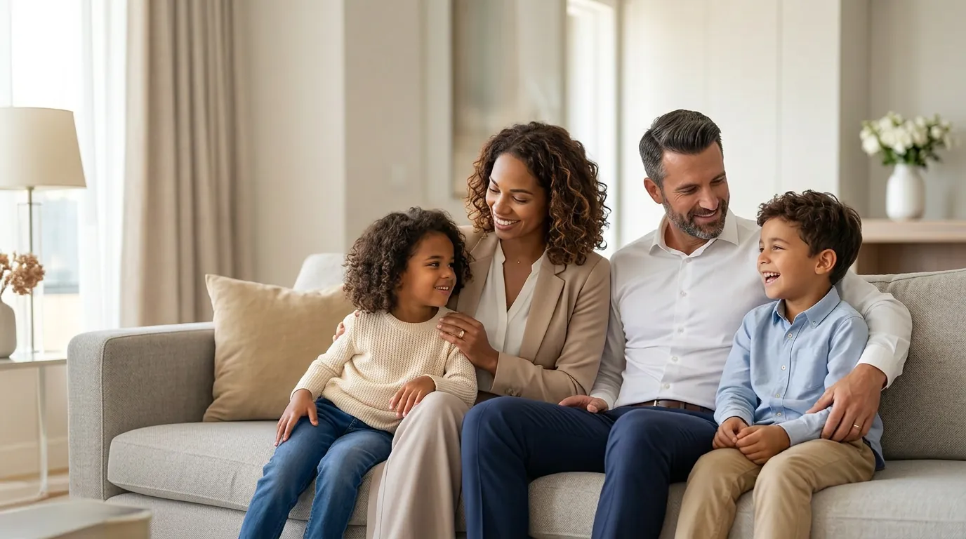 Familie sitzt entspannt zusammen auf dem Sofa im Wohnzimmer