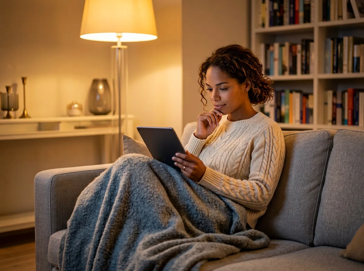 Frau liest abends auf dem Sofa auf einem Tablet