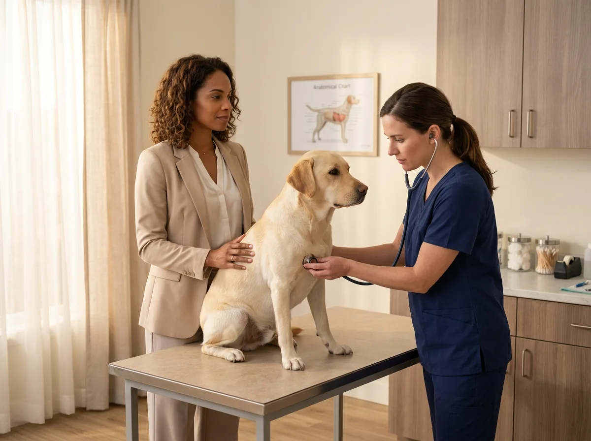 Hundehalterin steht beim Tierarzt neben ihrem Hund, der untersucht wird